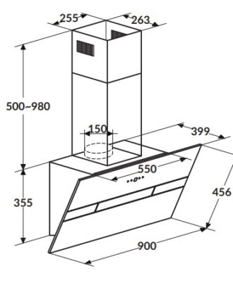 Kích thước Máy hút mùi ống khói 90cm-kính đen vát Rosieres RDV 980 PN