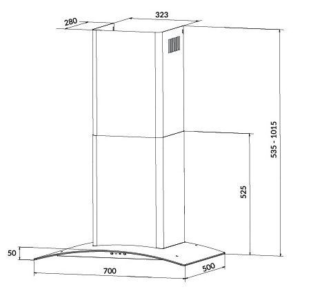 Kích thước của máy hút mùi áp tường tuần hoàn Eurosun EH-70K32